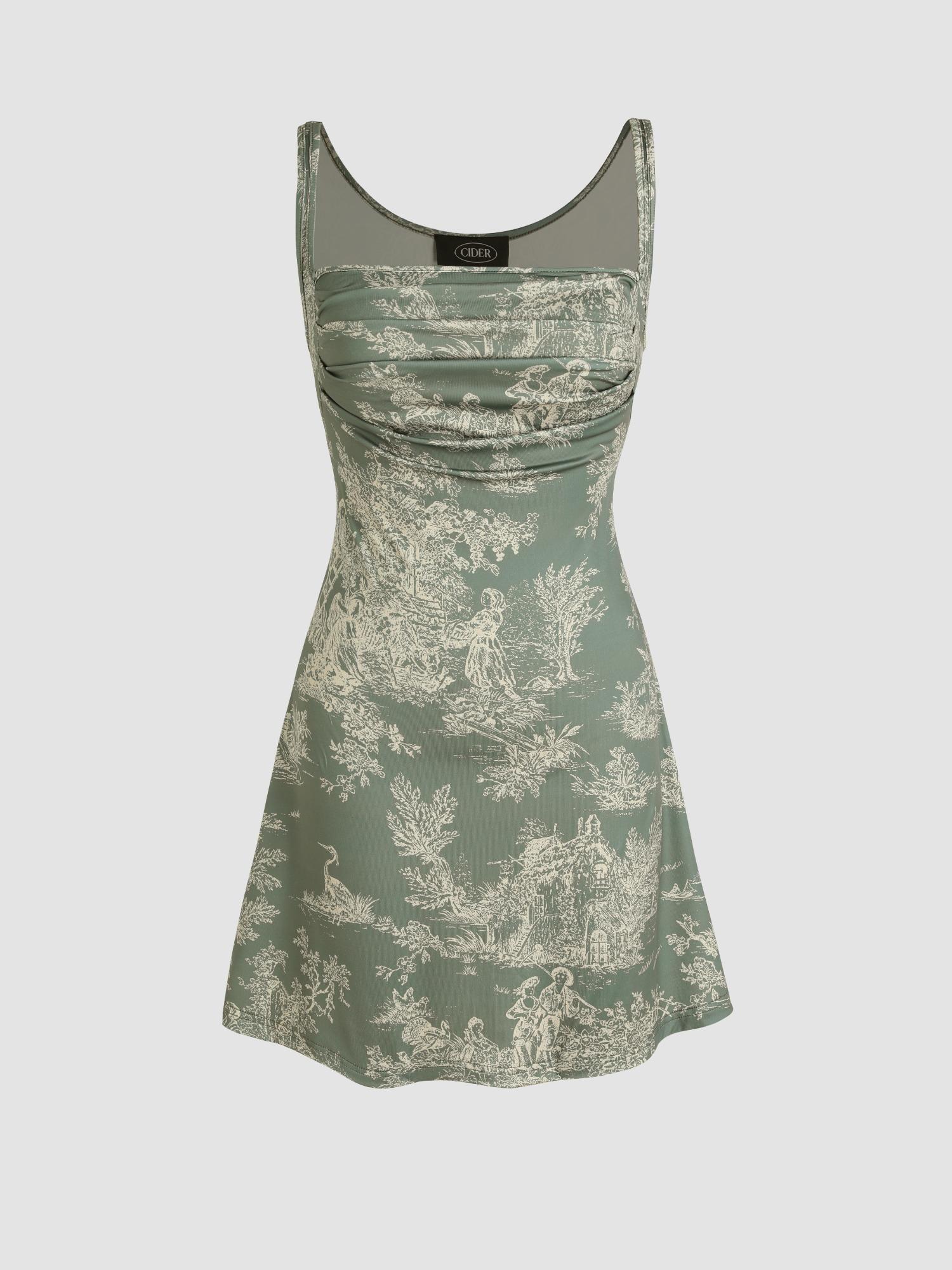 green toile de jouy ruched mini dress