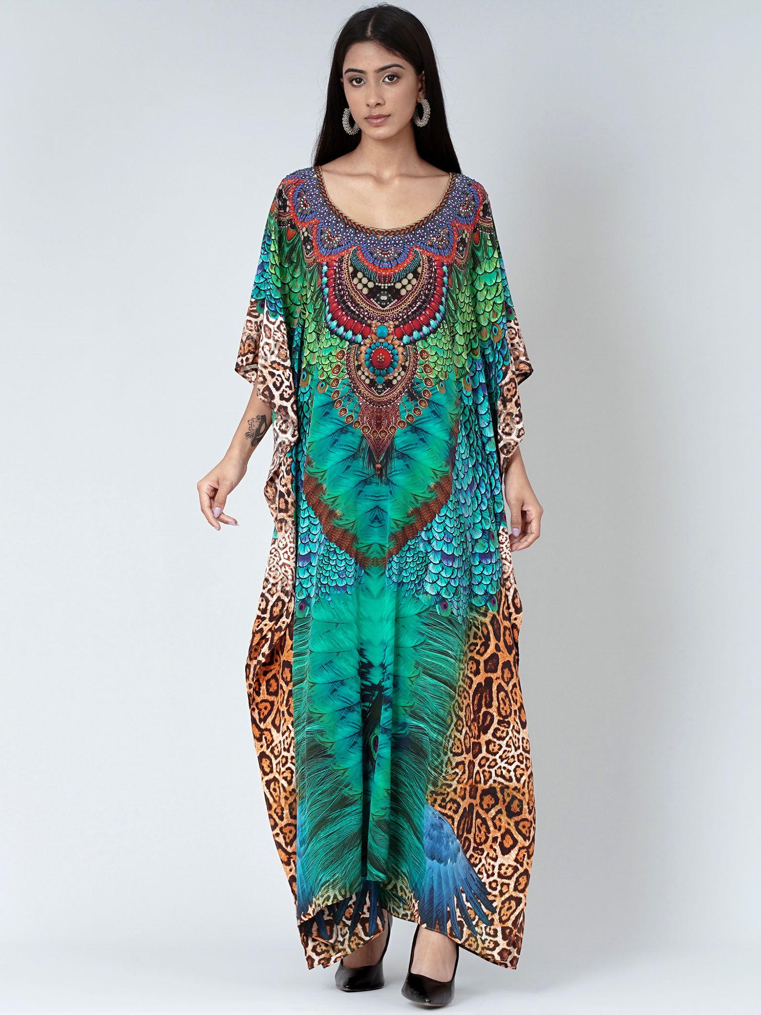 green tribal print embellished silk full length kaftan