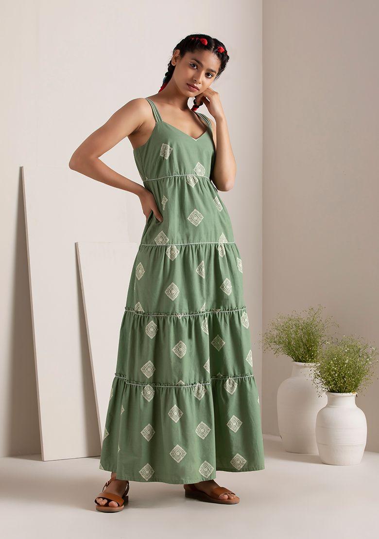 green tribal tiered maxi dress