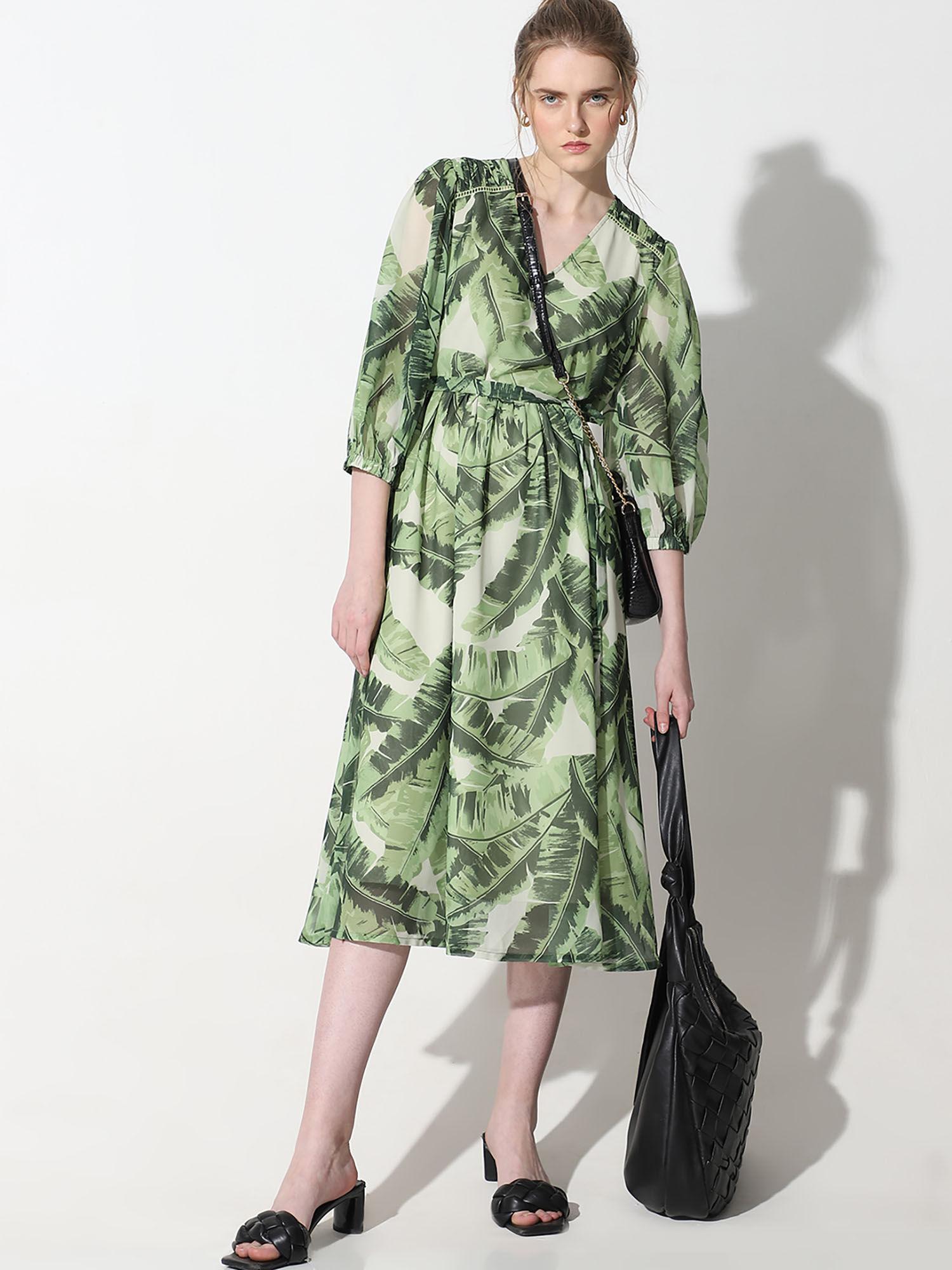 green tropical print midi dress (set of 2)