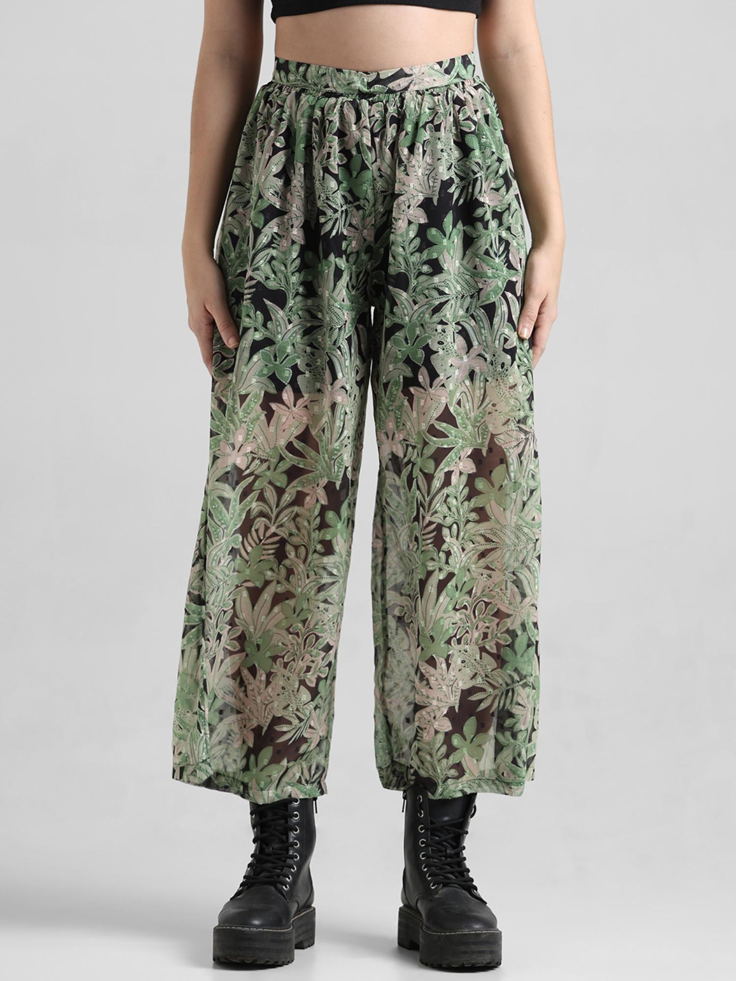 green tropical print pant