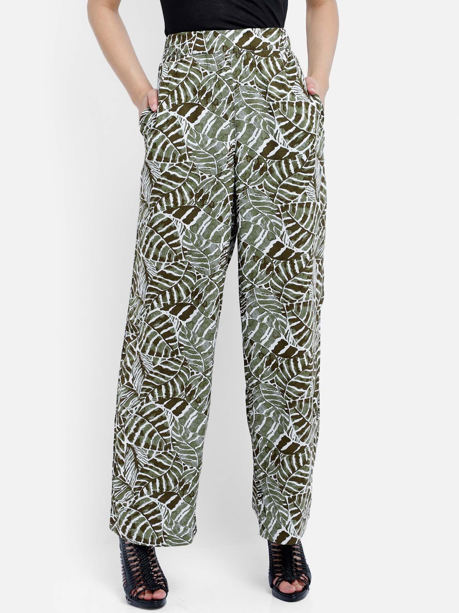 green tropical print wide leg elastic high waist palazzo pant