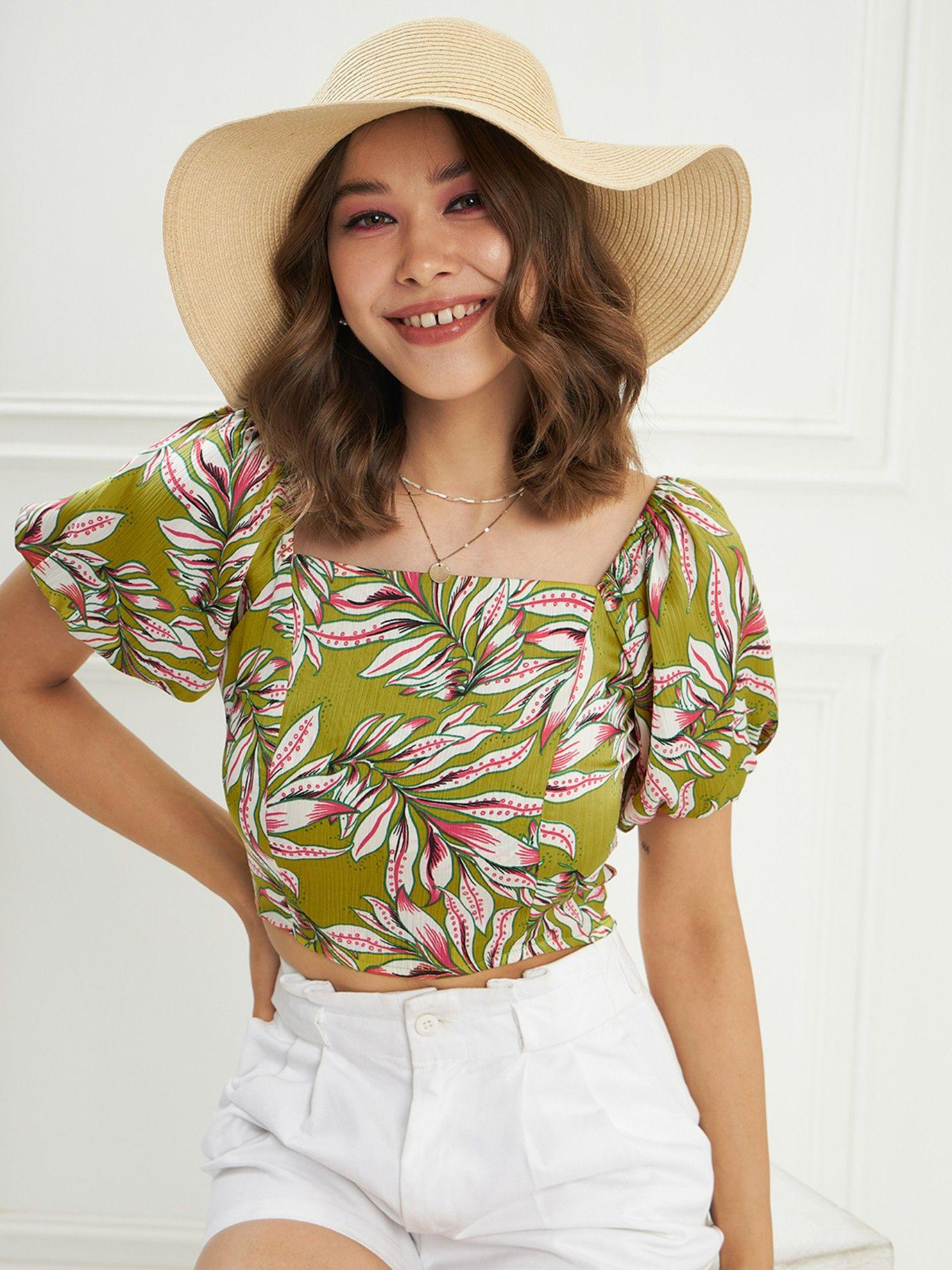 green tropical printed puff sleeves crop top