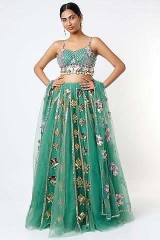 green tulle embellished lehenga set