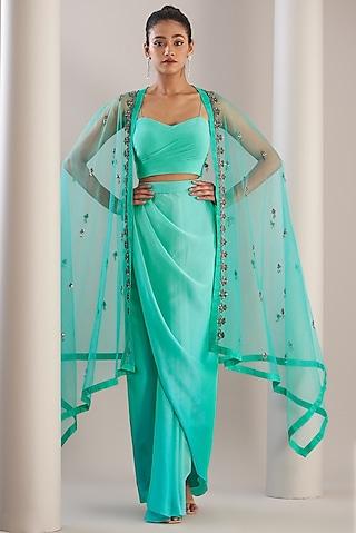 green tulle embroidered cape set