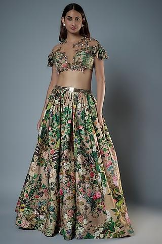 green tulle floral embroidered & printed lehenga set