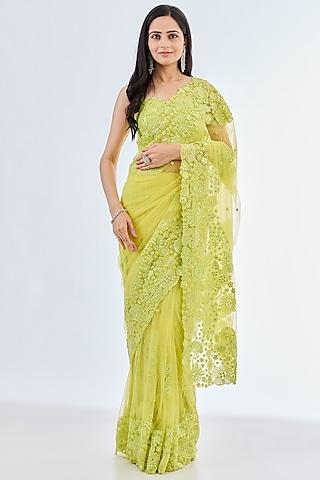 green tulle hand embroidered saree set