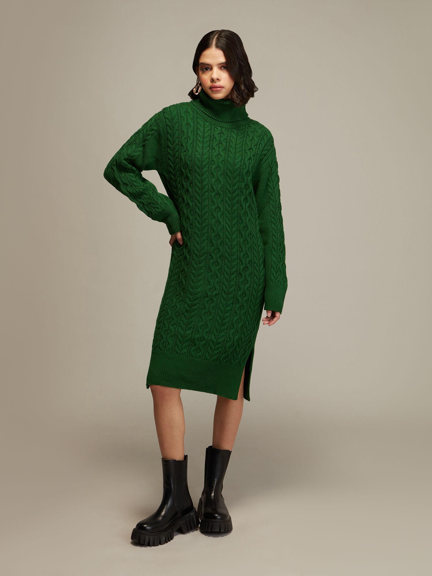 green turtle neck midi sweater dress