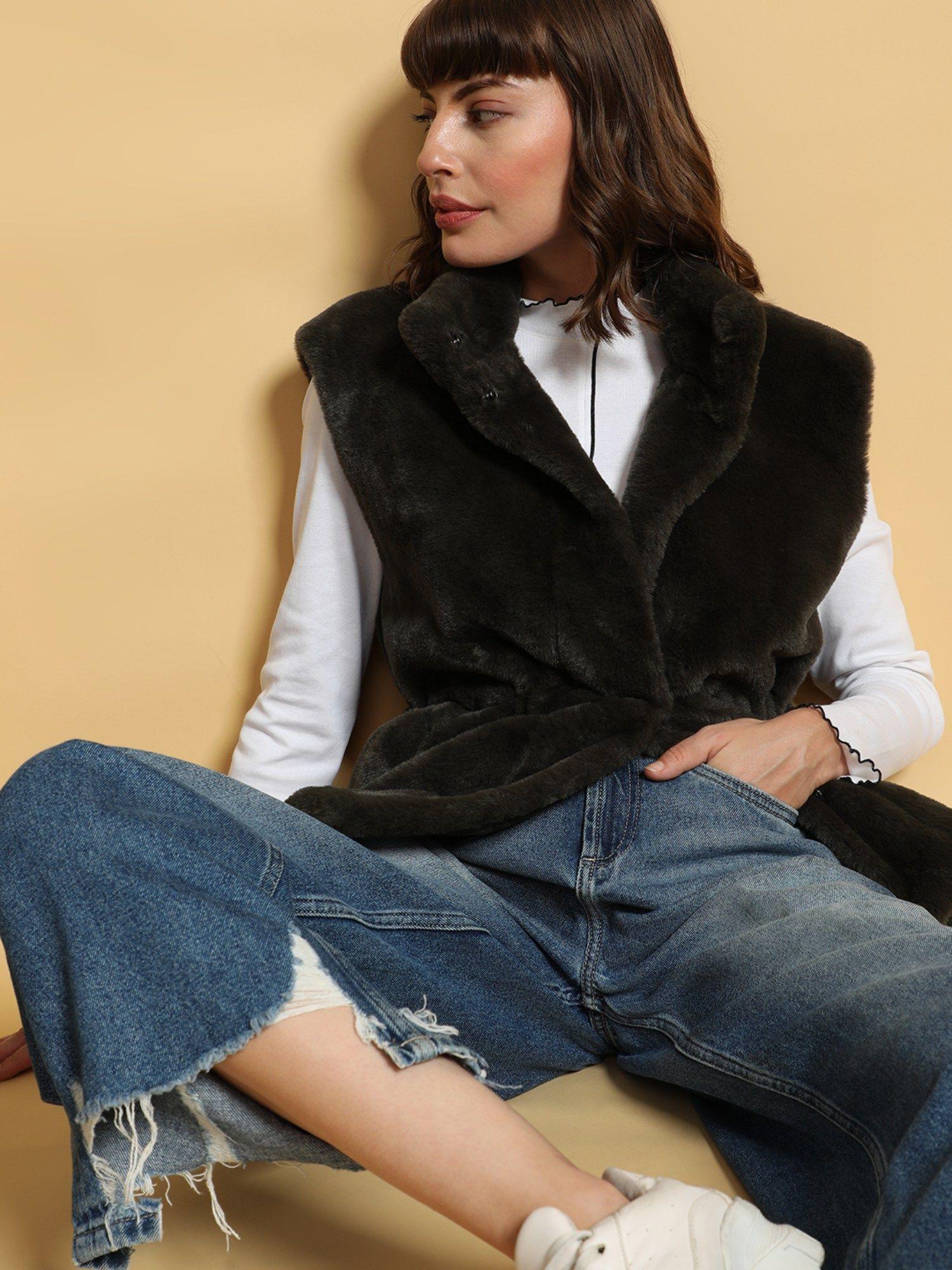 green turtleneck faux fur waistcoat