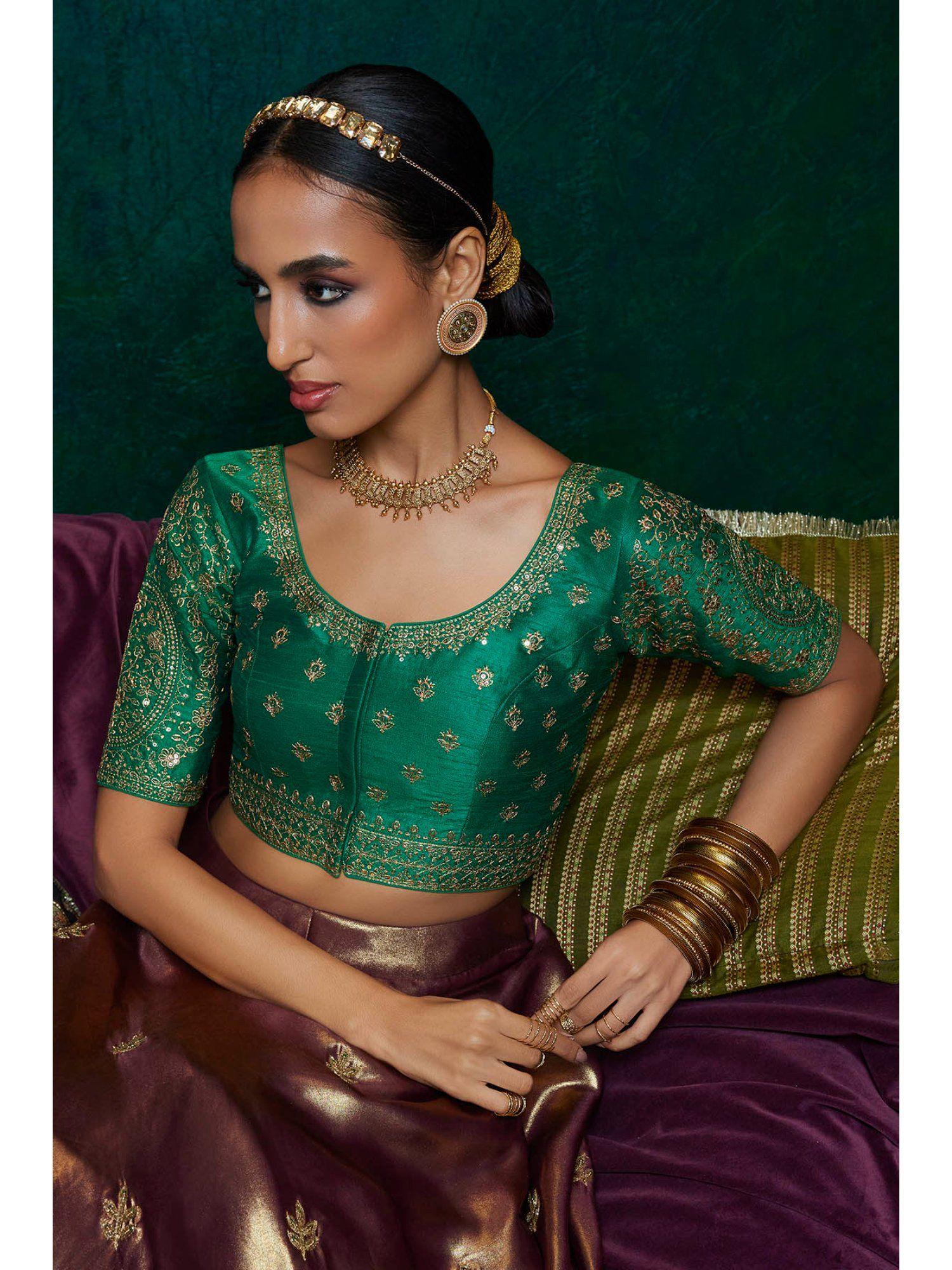 green tusshar silk embroidered stitched blouse with sequins
