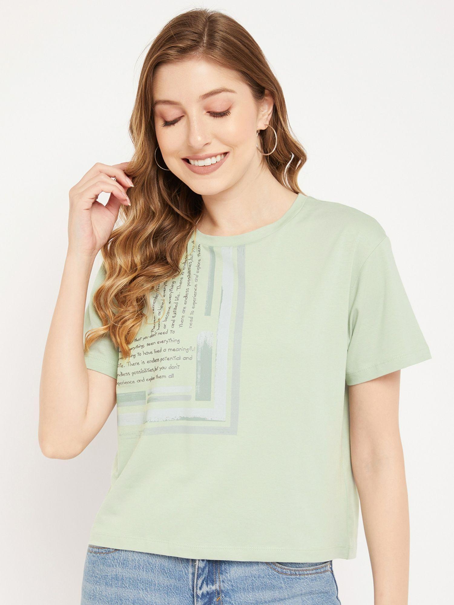 green typography round neck tops