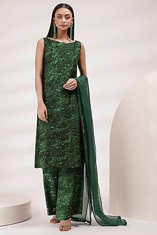 green upada silk & cotton voile hand-painted & embellished kurta set