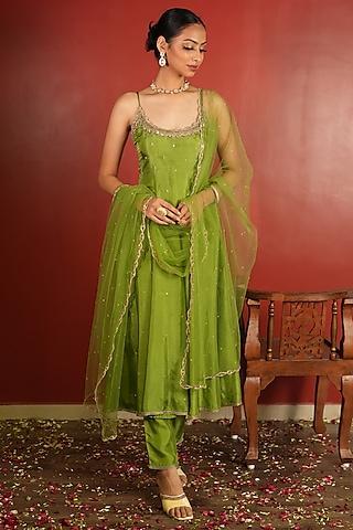 green upada silk embroidered anarkali set