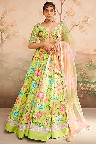 green upada silk floral printed lehenga set