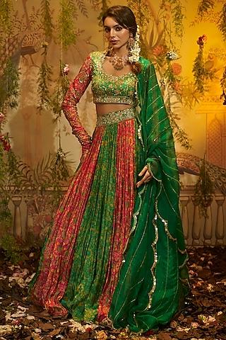 green upada silk printed & hand embroidered lehenga set