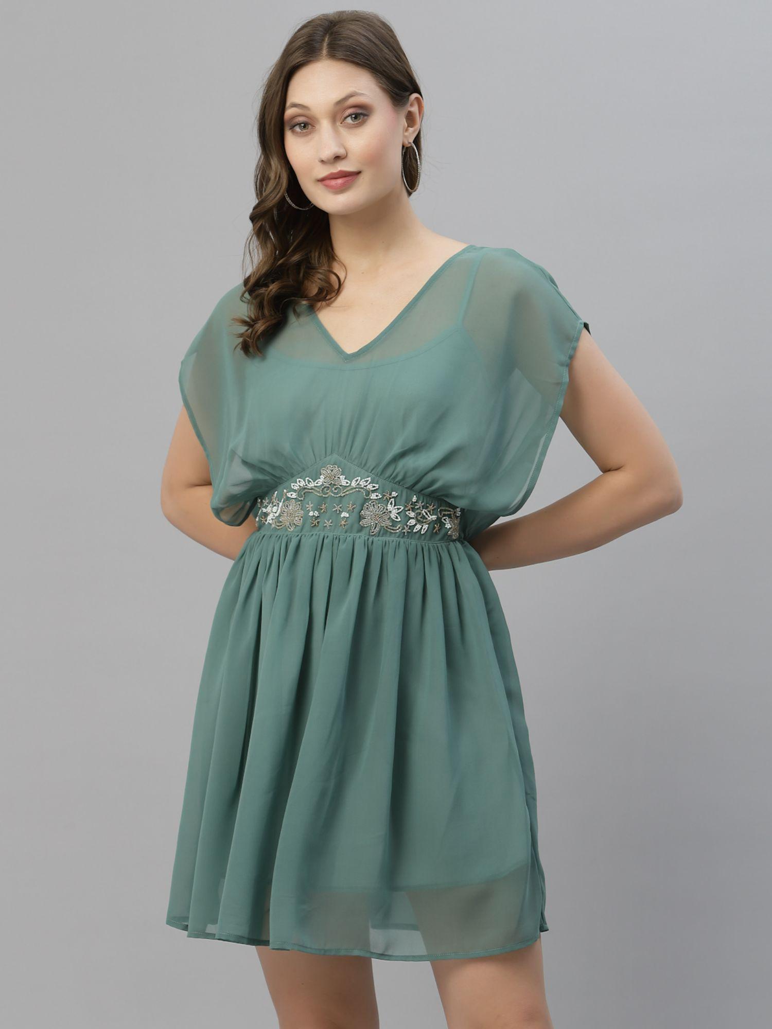 green v-neck embellished dress