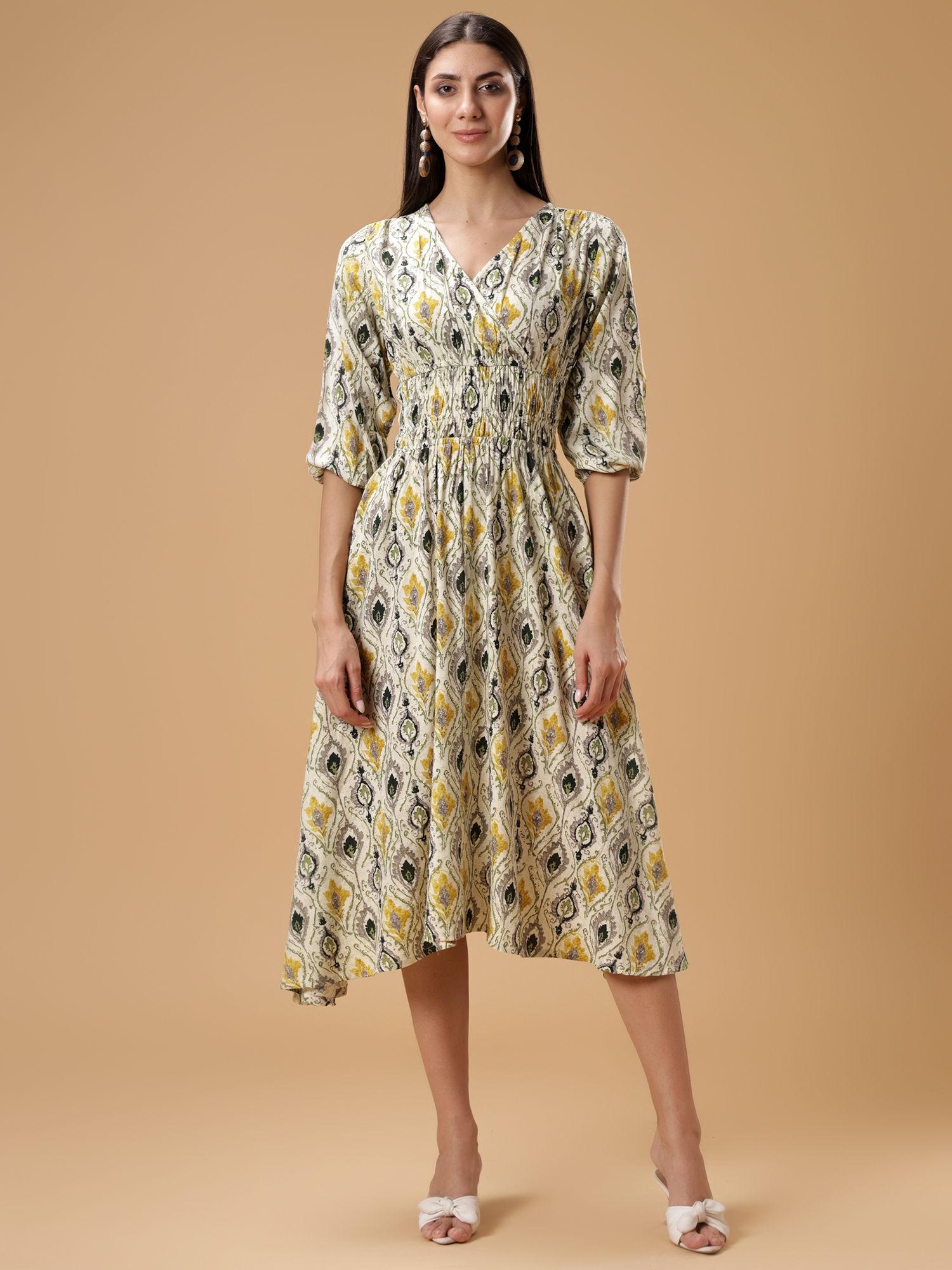 green v-neck ethnic printed a-line midi dress