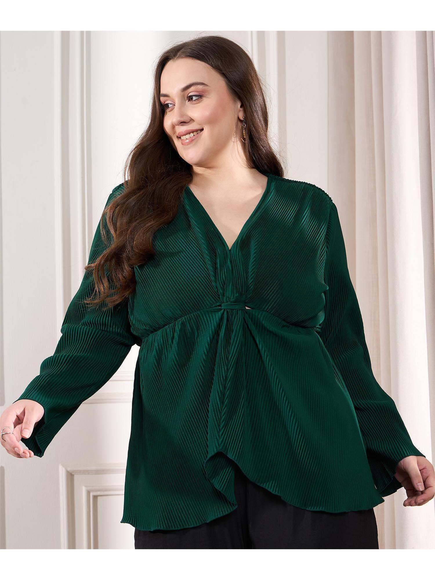 green v neck front knot top