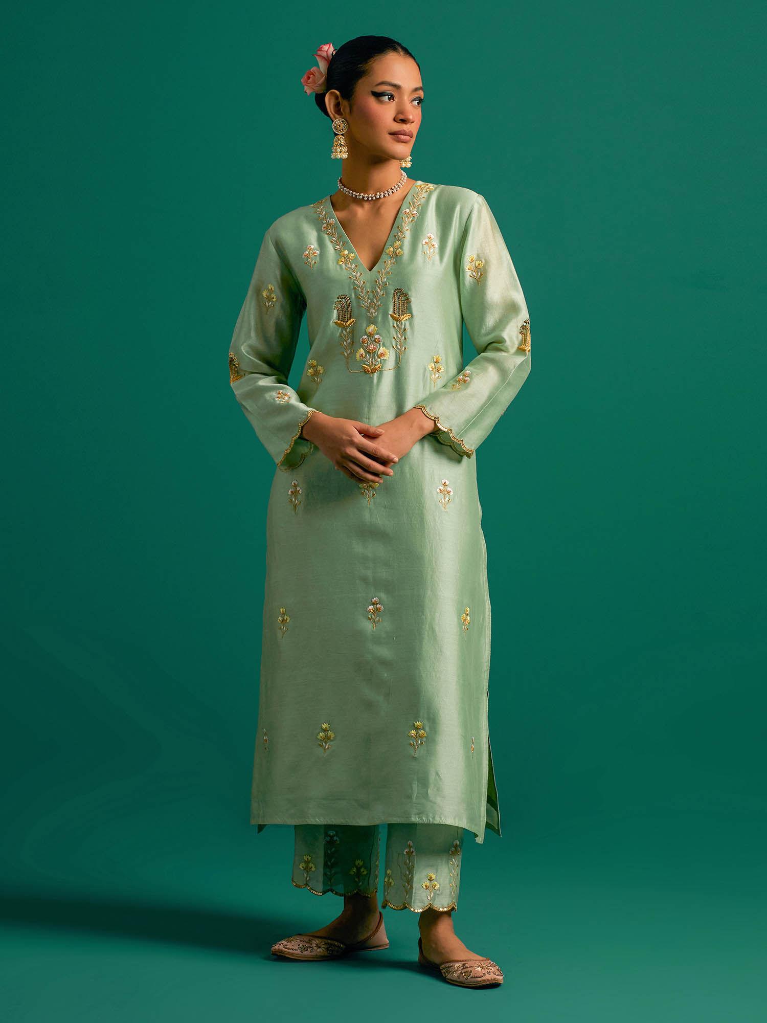 green v neck hand embroidered thread work silk chanderi kurta