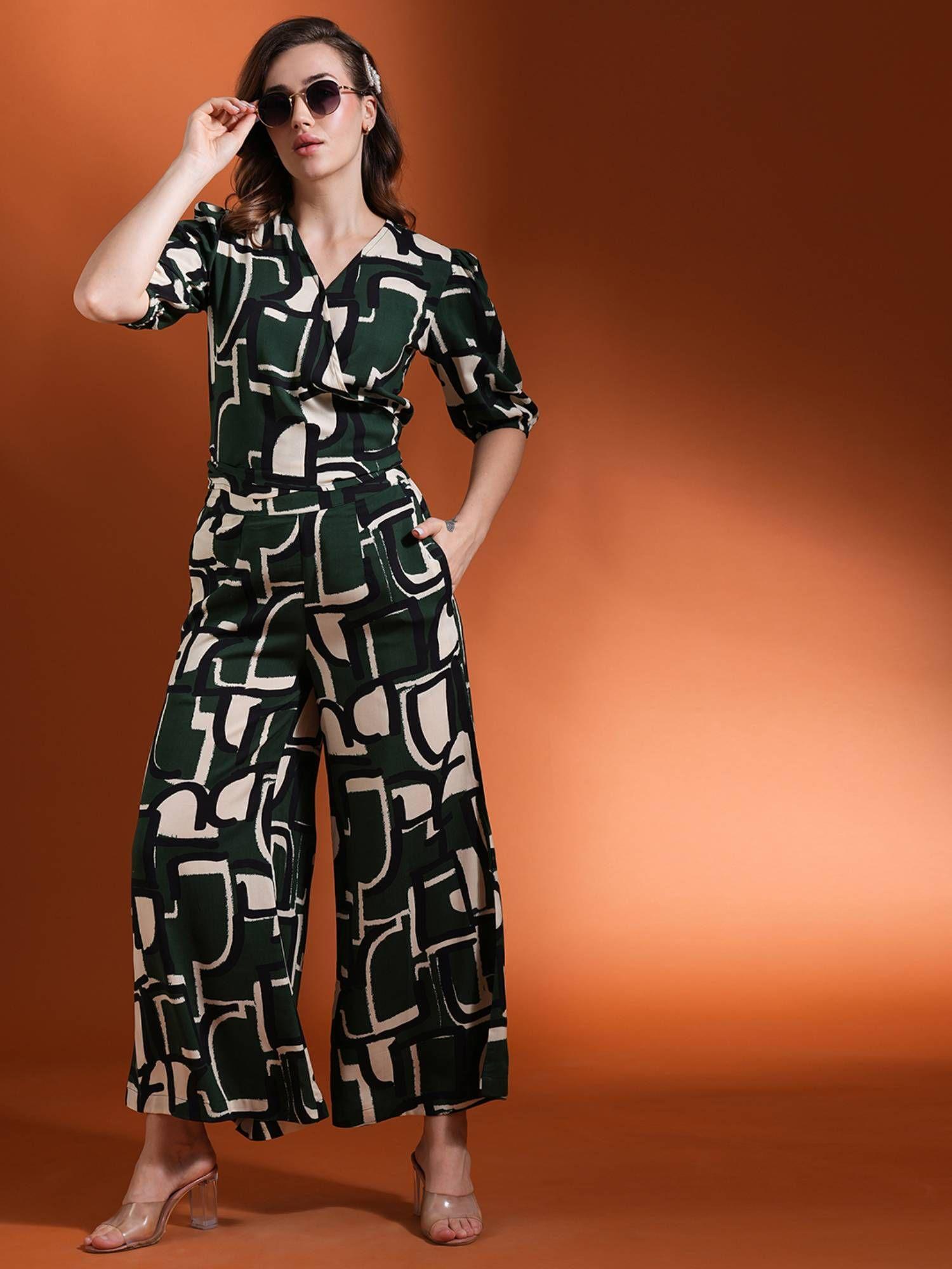 green v-neck puff sleeves abstract printed back tie-up co-ord (set of 2)