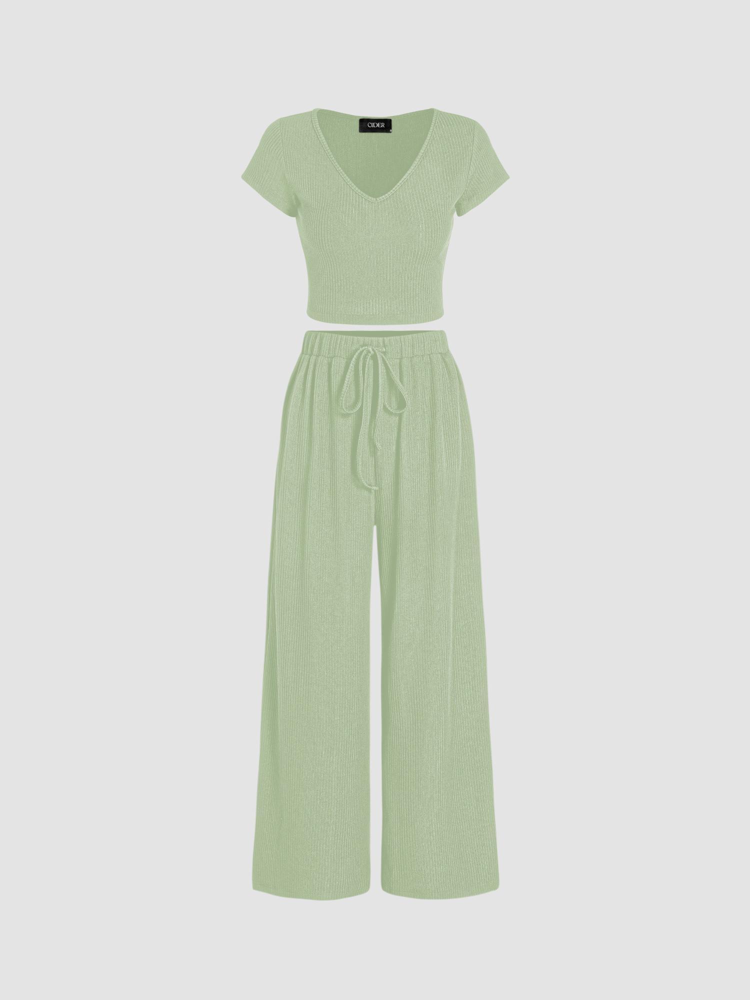 green v-neck short sleeve crop tee and knotted wide leg pant (set of 2)