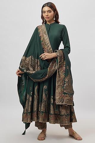 green vegan silk zari work anarkali set