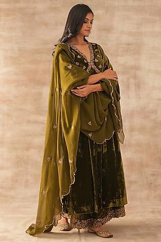 green velvet dabka embroidered anarkali set