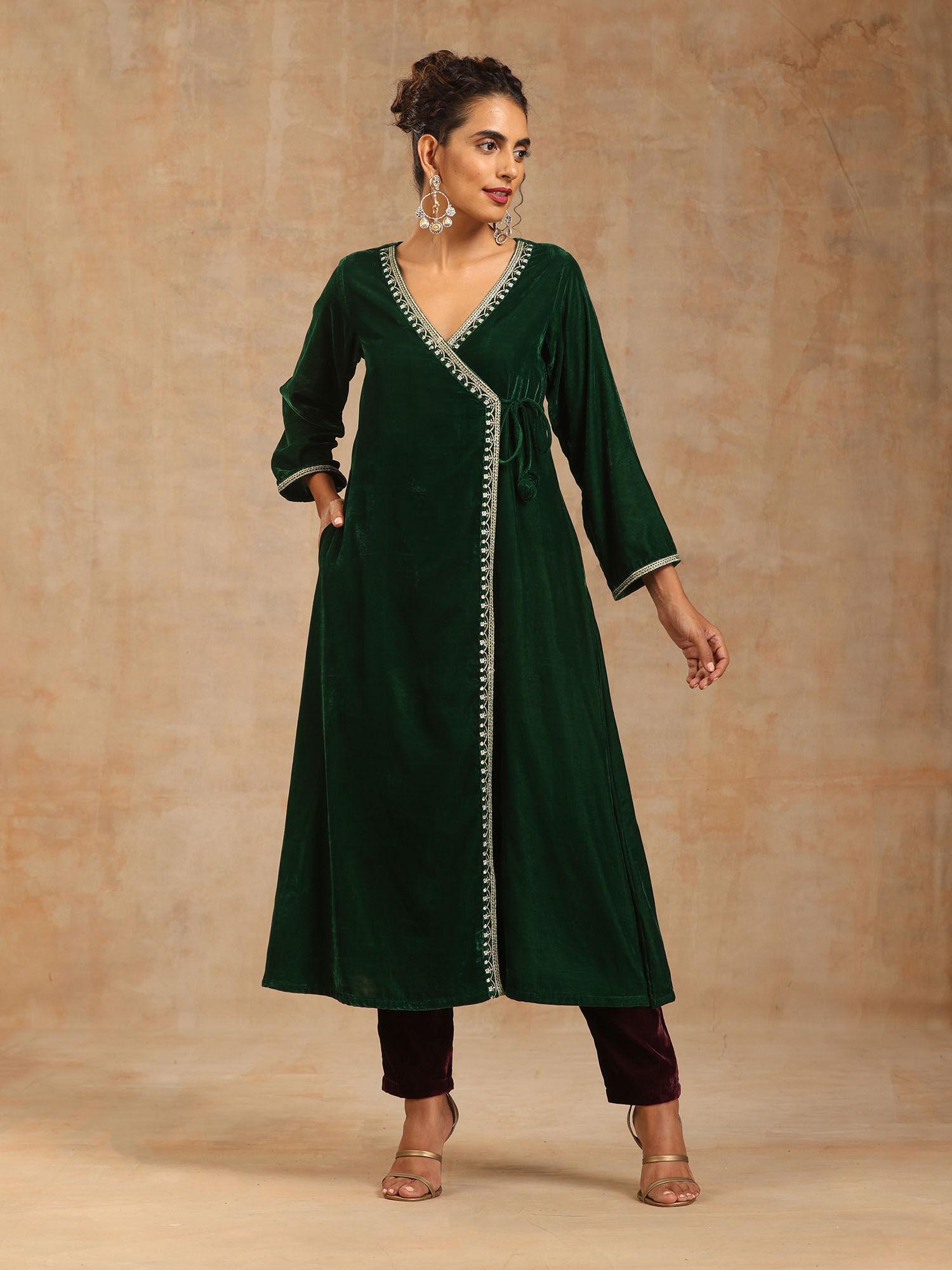 green velvet embroidered angrakha kurta