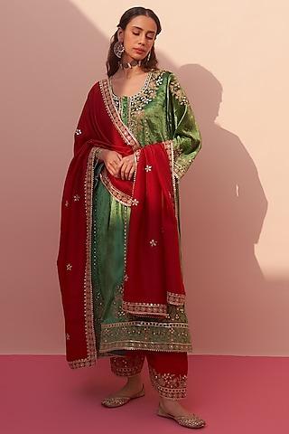 green velvet embroidered choga set