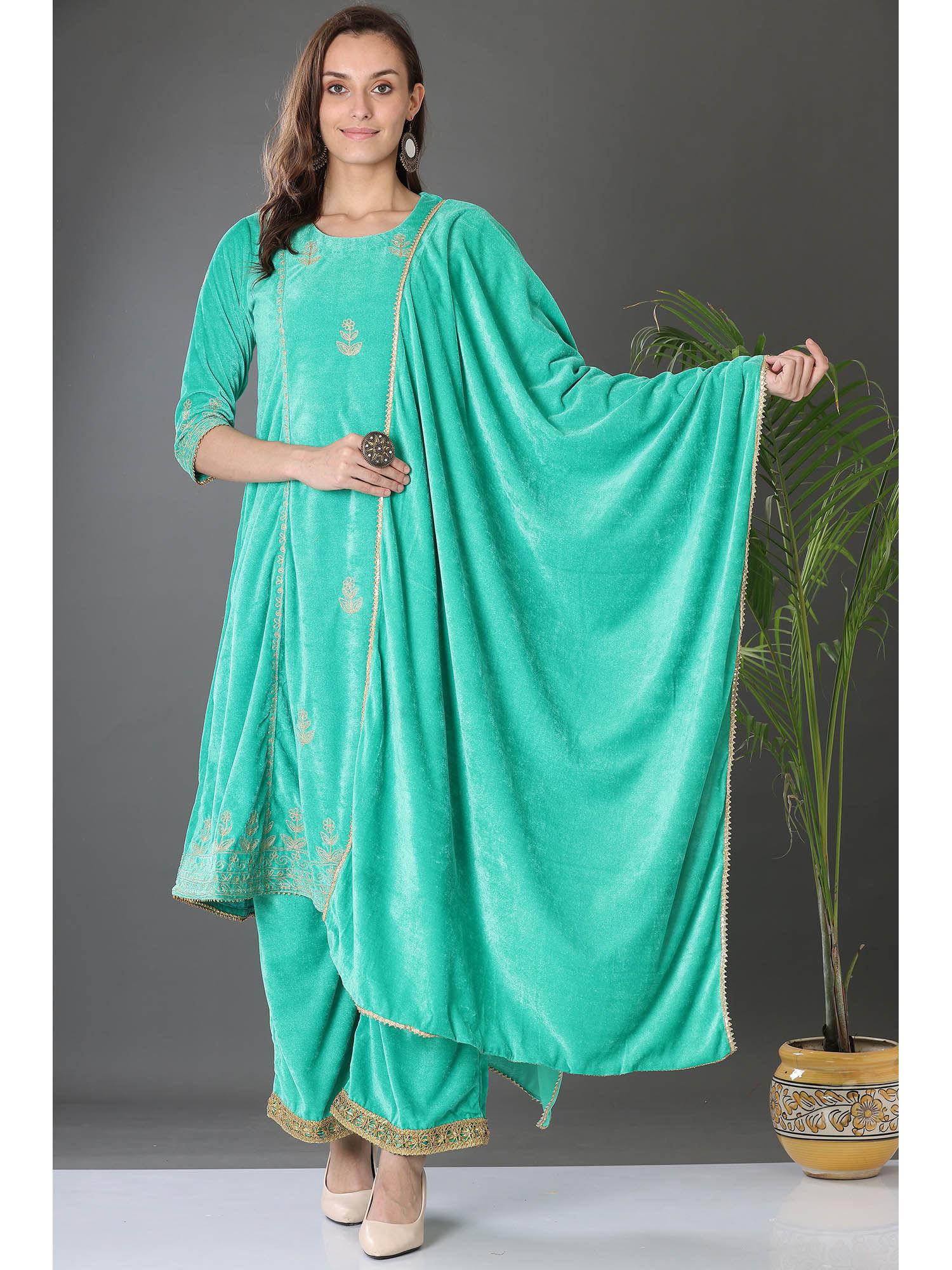 green velvet embroidered kurta palazzo and dupatta (set of 3)