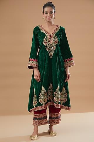 green velvet embroidered kurta set