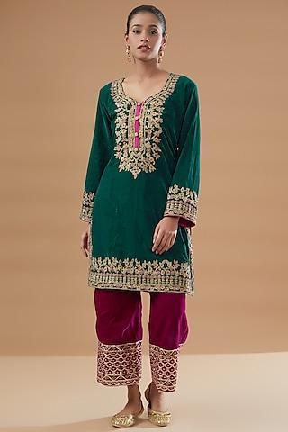 green velvet embroidered kurta set