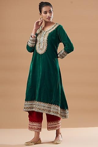 green velvet embroidered kurta set