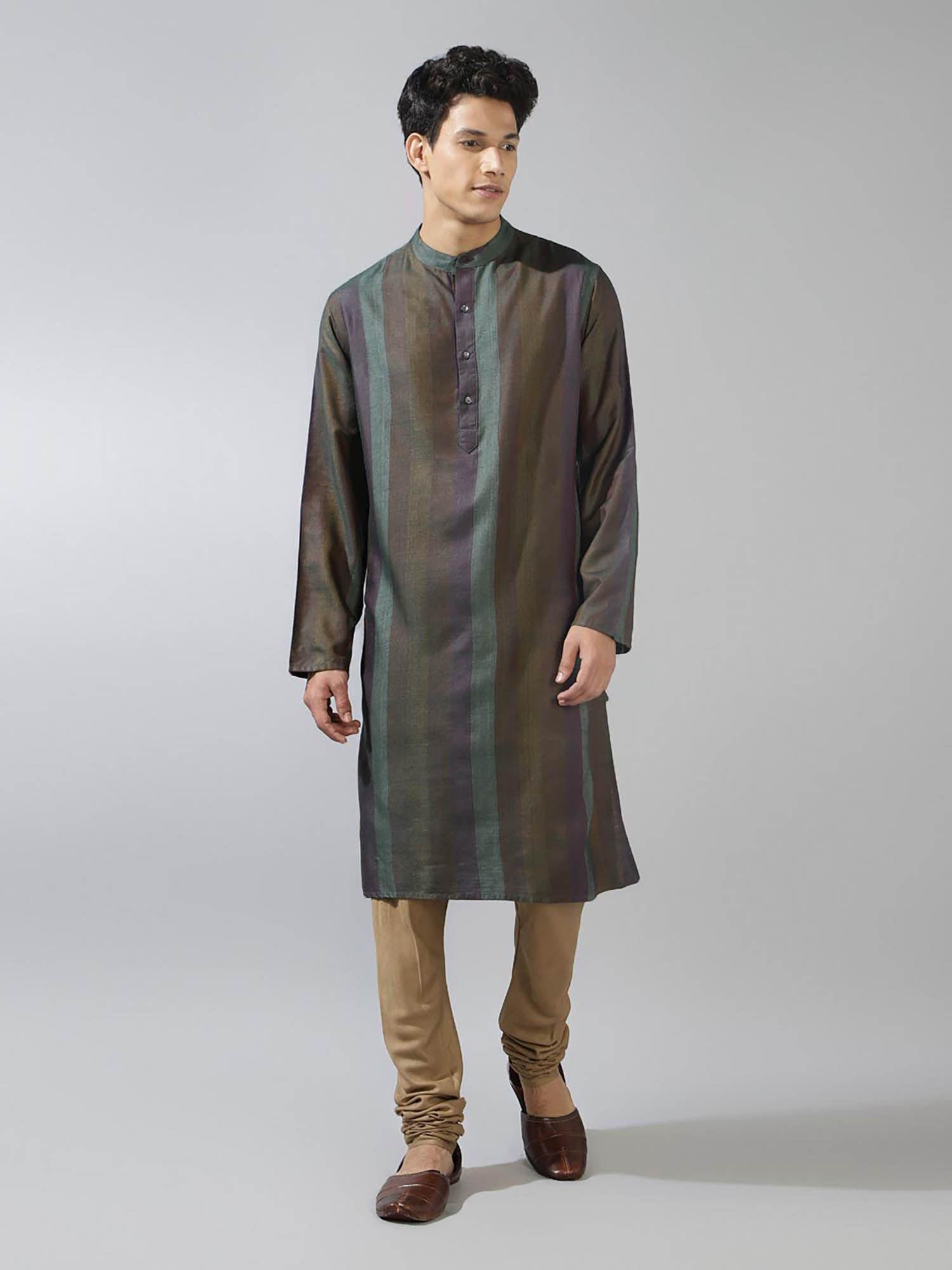 green viscose blend striped kurta