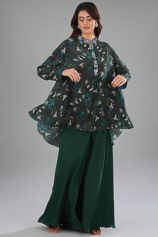 green viscose botanical printed & hand embroidered tunic set