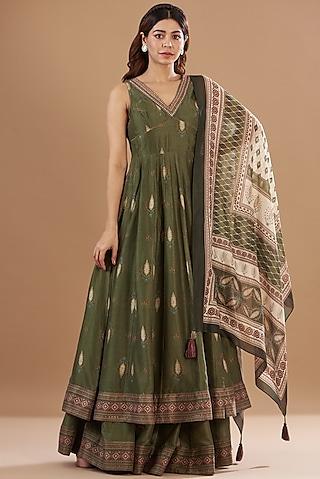 green viscose chanderi printed & embroidered anarkali set