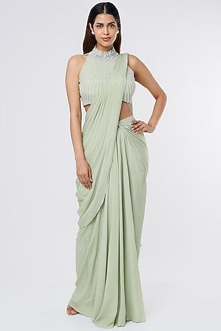 green viscose crepe hand embellished pre-draped saree set