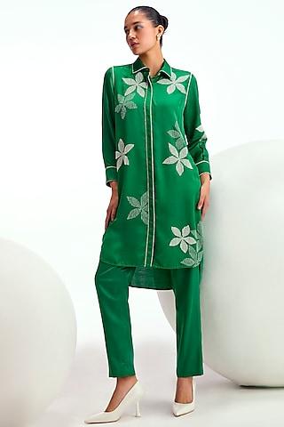 green viscose linen hand & machine embellished tunic