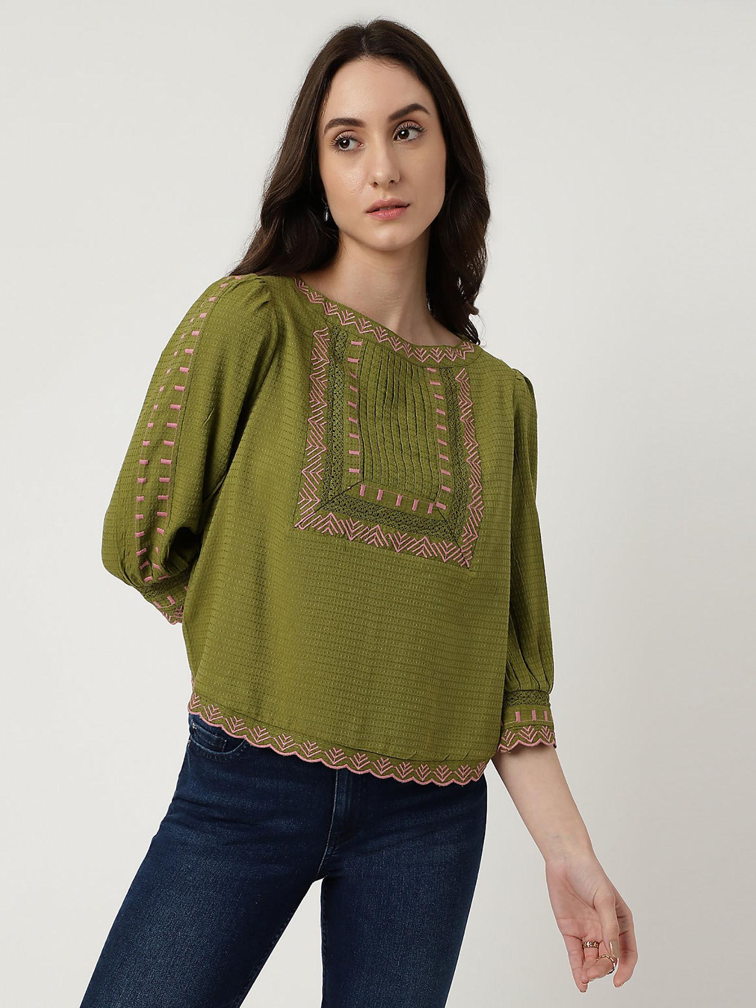 green viscose mix embroidered round neck top