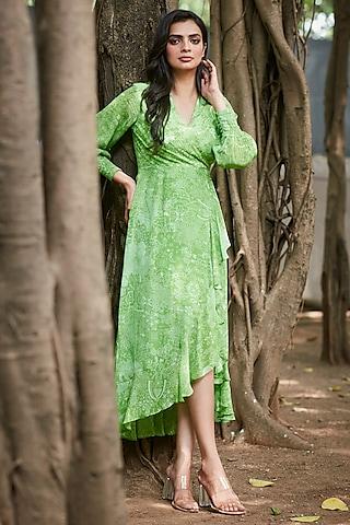 green viscose natural crepe ruffed midi dress