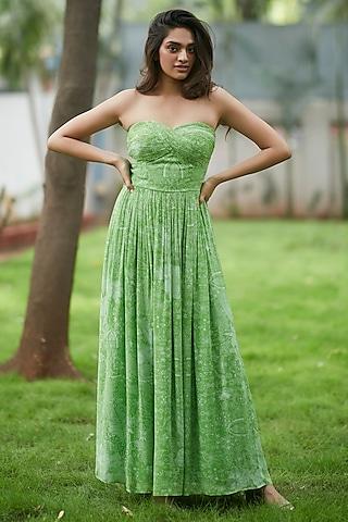 green viscose natural crepe tube pleated maxi dress