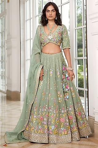 green viscose organza resham embroidered lehenga set