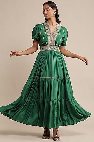 green viscose silk embroidered maxi dress