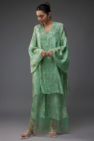 green viscose silk polka printed & beads embroidered kurta set