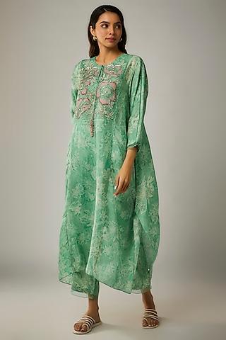 green viscose silk printed & sequin embroidered kurta set