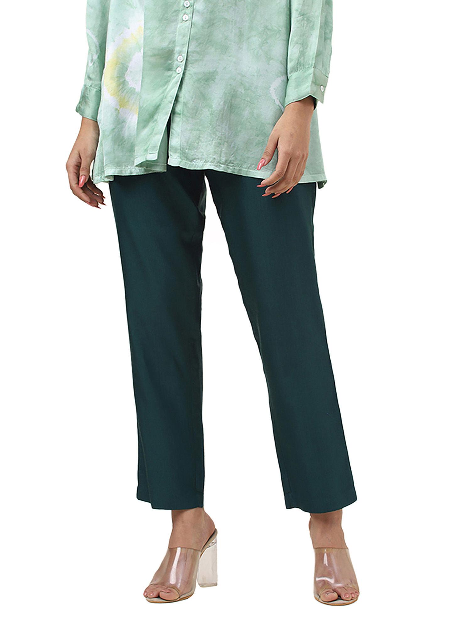 green viscose silk slim fit formal pant