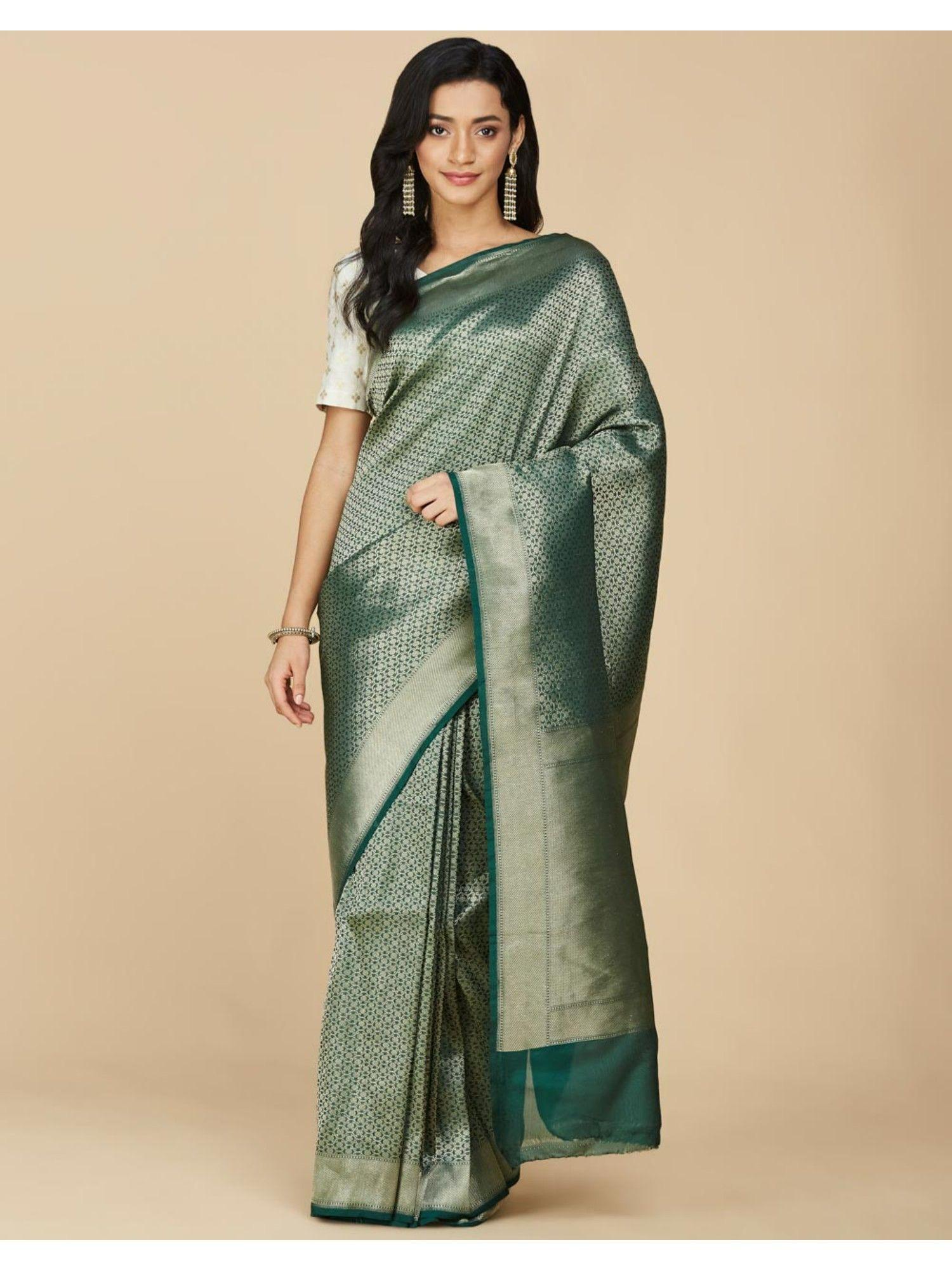 green viscose silk woven saree without blouse