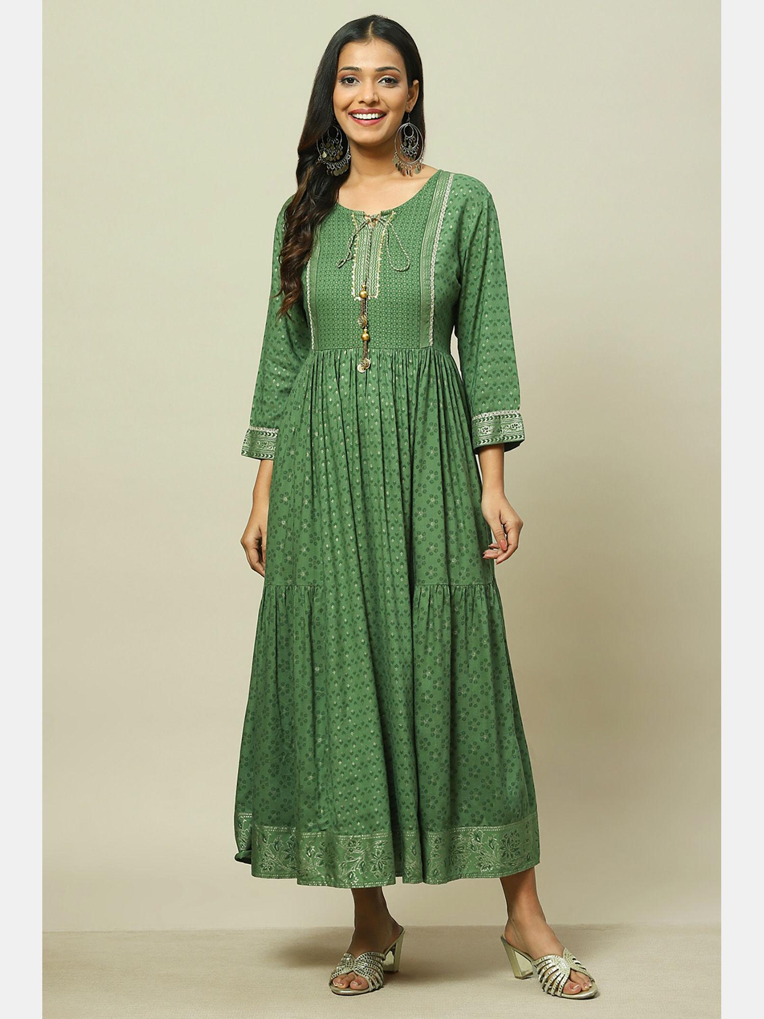 green viscose tiered dress