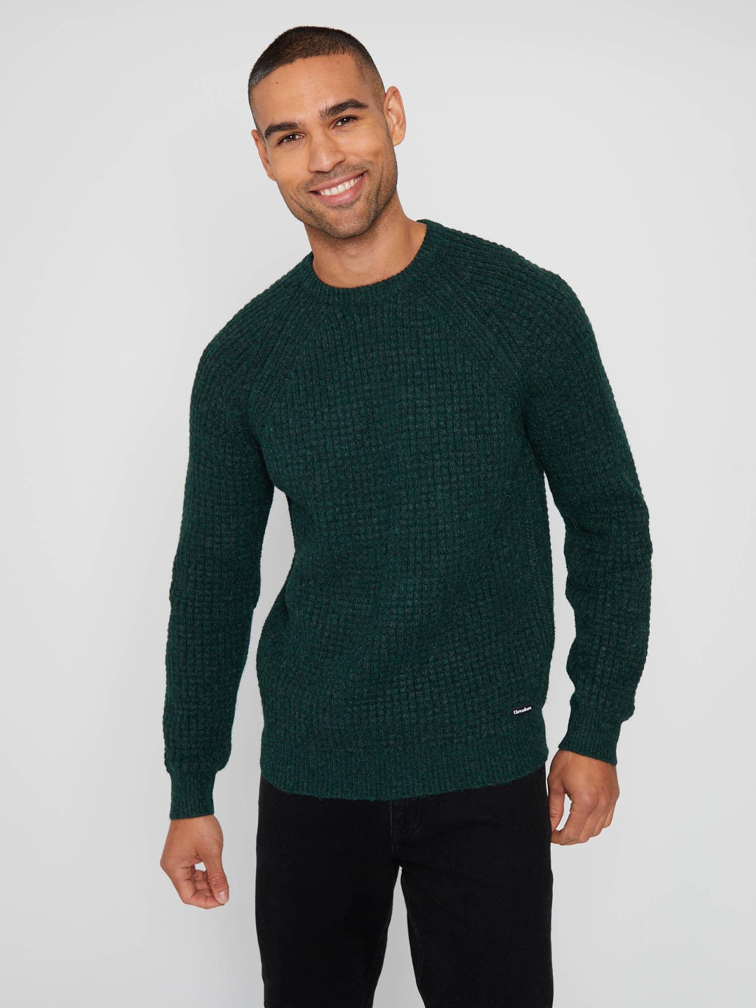 green waffle knit raglan crew neck jumper