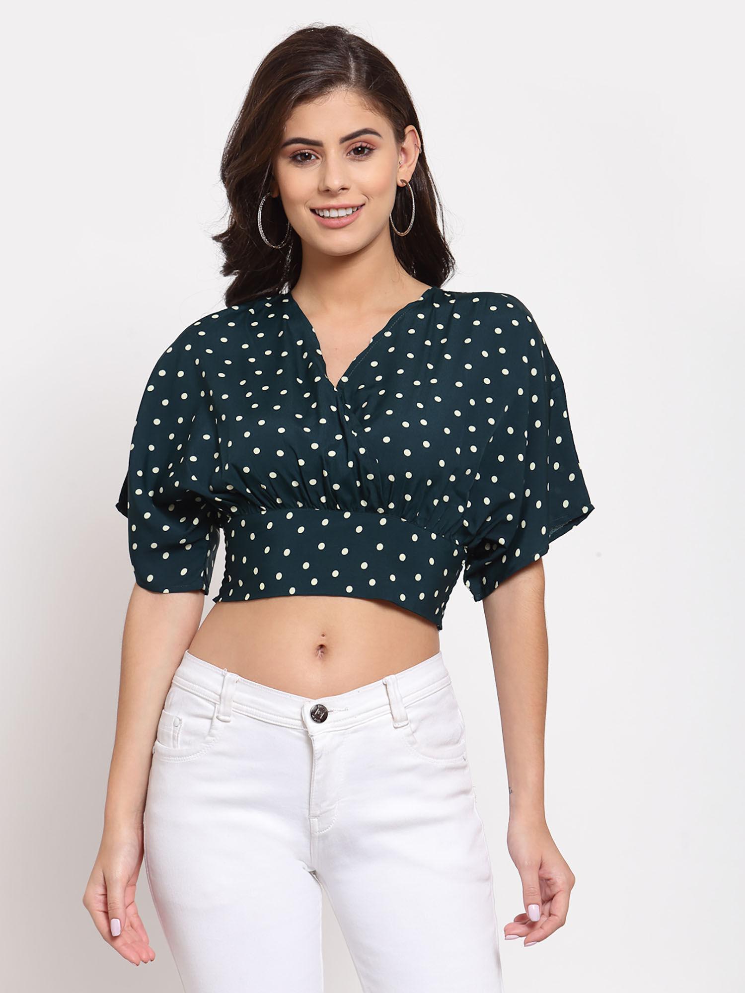 green white extended sleeves crepe wrap crop top